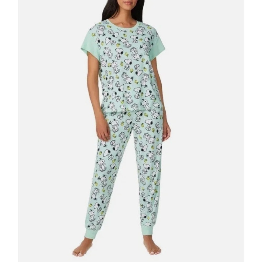 Peanuts Womens 2-Piece Pajama Set Green Snoopy Woodstock Small